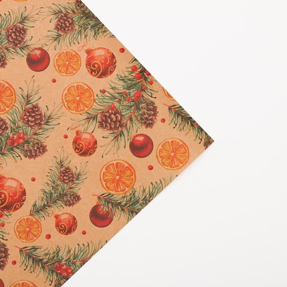 !09 Бумага упаковочная 3 листа крафтовая «Апельсины», 50 х 70 см