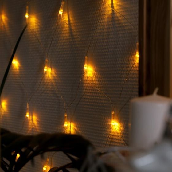 !09 Гирлянда «Сеть» 1.6 × 1.6 м, IP20, прозрачная нить, 144 LED, свечение жёлтое, 8 режимов, 220 В