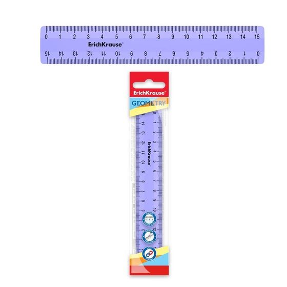 Линейка 15 см ErichKrause &quot;Pastel&quot;, пластик, двусторонняя шкала, непрозрачная, фиолетовая, европодвес