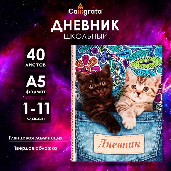Дневник универсальный для 1-11 классов, &quot;Котята в кармане&quot;, твердая обложка 7БЦ, глянцевая ламинация, 40 листов