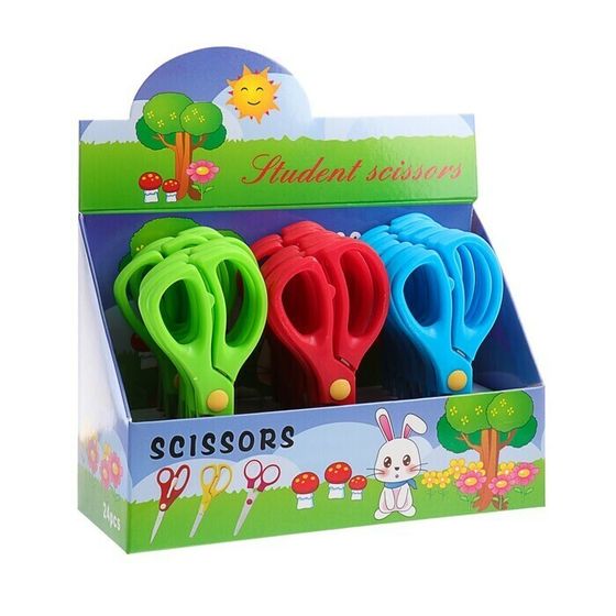 !НАБОР 3 ШТУКИ - Ножницы 13 см, пластиковые ручки, закругленные концы, блистер, корпус МИКС
