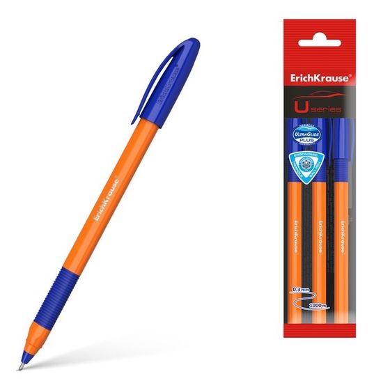 Набор ручек шариковых 3 штуки, ErichKrause U-109 Orange Stick&amp;Grip, игольчатый узел 1.0 мм, чернила синие, супермягкое письмо, резиновый держатель, корпус оранжевый