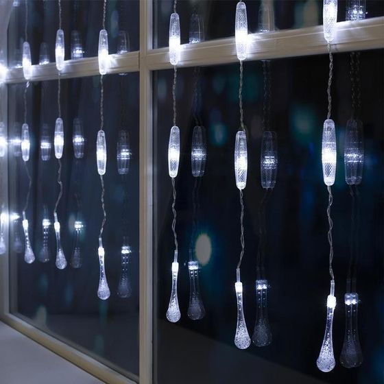 !09 Гирлянда «Занавес» 2.5 x 0.65 м с насадками «Капли», IP20, прозрачная нить, 50 LED, свечение белое, 8 режимов, 220 В