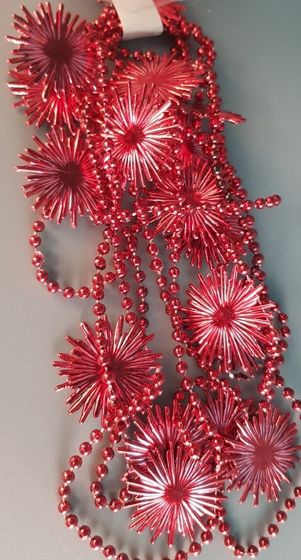 !09 НАБОР 2 ШТУКИ - ЕЛОЧНОЕ УКРАШЕНИЕ - БУСЫ "СНЕЖИНКИ" 2,7 М., ЦВЕТ КРАСНЫЙ