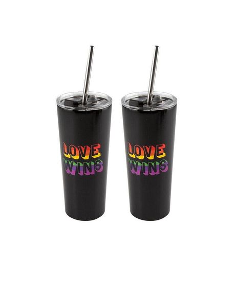 Double Wall 2 Pack of 24 oz Black Straw Tumblers with Metallic &quot;Love Wins&quot; Decal