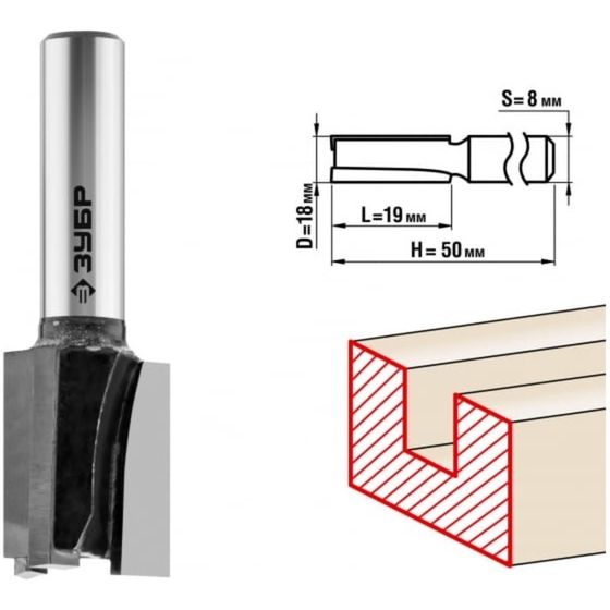 Фреза пазовая ЗУБР 28780-18-19, прямая, хвостовик d = 8 мм, 18 x 19 мм