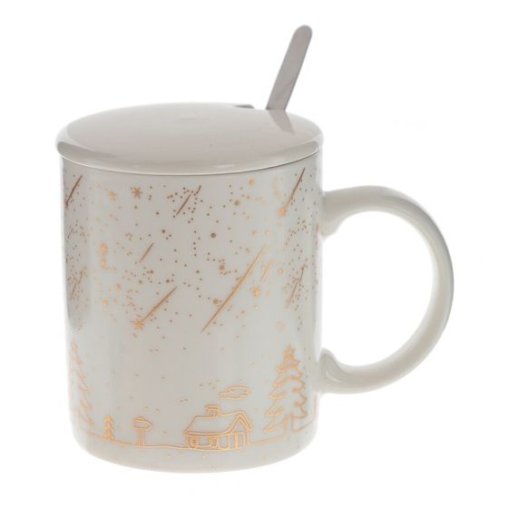 Кружка с крышкой и ложкой, 300 мл, L12 W8 H10 см, дизайн микс