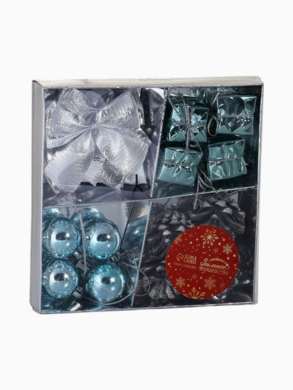 !09 Ёлочные игрушки «Сюрприз», шары новогодние, набор 16 штук (4 шара, 4 банта, 4 подарка, 4 шишки), цвет серебристо-голубой