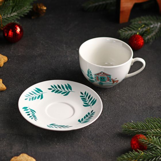 !09 Чайная пара фарфоровая «Новый Год. Зимняя сказка», чашка 250 мл, блюдце d=14,3 см, цвет белый