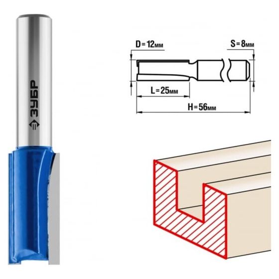 Фреза пазовая ЗУБР 28753-12-25, прямая, хвостовик d = 8 мм, 12 x 25 мм