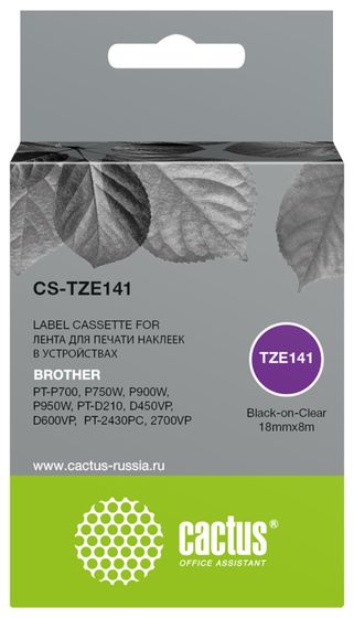 Картридж ленточный Cactus CS-TZE141 TZe-141 черный для Brother PT-P700. P750W. P900W. P950W. PT-D210. D450VP. D600VP. PT-2430PC. 2700VP