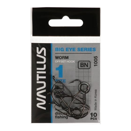 Крючок офсетный Nautilus Offset Big Eye Series Worm 1005, № 1, 10 шт.