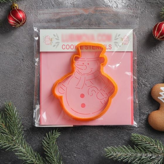 !09 Форма для вырезания печенья и трафарет «Снеговик в шляпе», цвет оранжевый