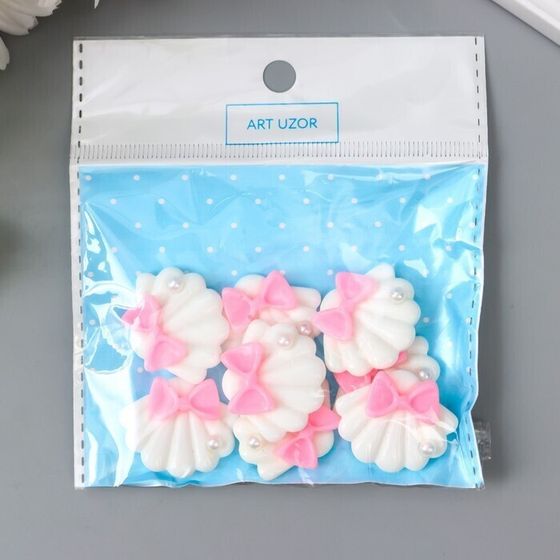 !09 Декор для творчества (7 штук) пластик &quot;Ракушка с бантиком и жемчужиной&quot; белый 2,4х3 см.