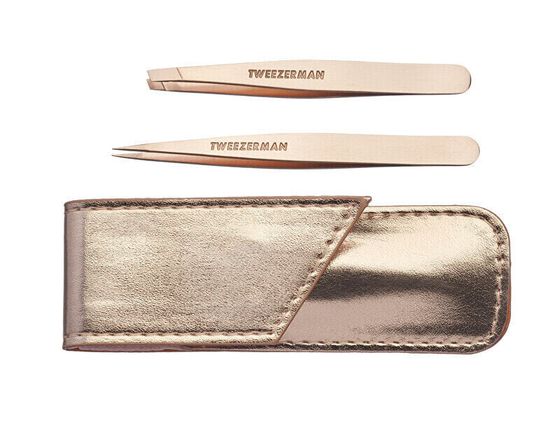 A set of tweezers in a Rose Gold case