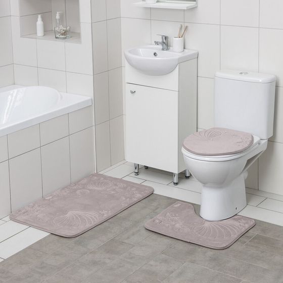 Набор ковриков для ванной и туалета Доляна «Морское дно», 3 шт: 50×80, 50×40, 38×43 см, цвет серый