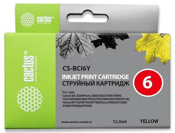 Картридж струйный Cactus CS-BCI6Y желтый (12мл) для Canon S800/S820/S900/S9000/i550/i560/i860/i865/i905D/i950S/i960x/i965/i990/i9100/i9950/JX500