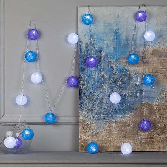 !09 Гирлянда «Нить» 5 м с насадками «Клубки черничные», IP20, прозрачная нить, 20 LED, свечение белое, 220 В