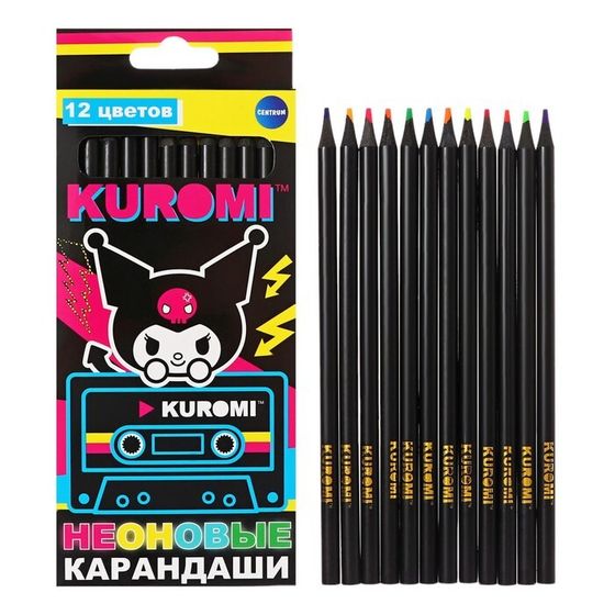 Карандаши цветные 12 цветов Kuromi, неоновые, корпус деревянный, круглый