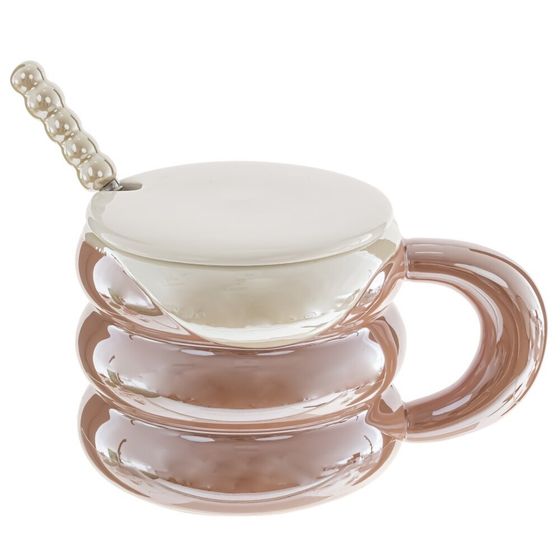 Кружка с крышкой и ложкой, 420 мл, L9,5 W9,5 H8 см, цвет микс