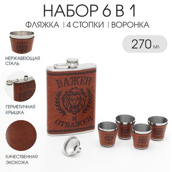 Подарочный набор 6 в 1 &quot;Важен и отважен&quot;: фляжка 270 мл, 4 стопки по 40 мл, воронка