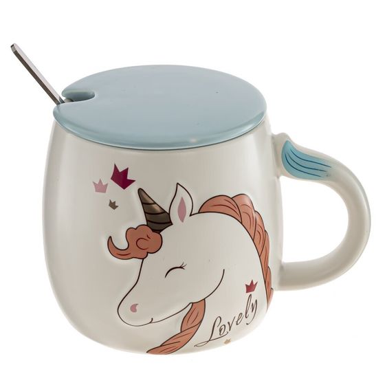 Кружка с крышкой и ложкой, 430 мл, L8,5 W8,5 H9 см, дизайн микс