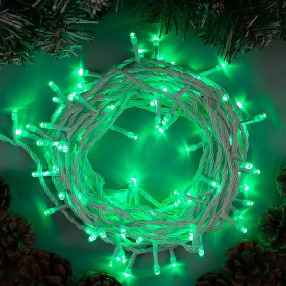 Гирлянда «Нить» 10 м, IP20, белая нить, 100 LED, 8 режимов, 220 В, свечение зелёное
