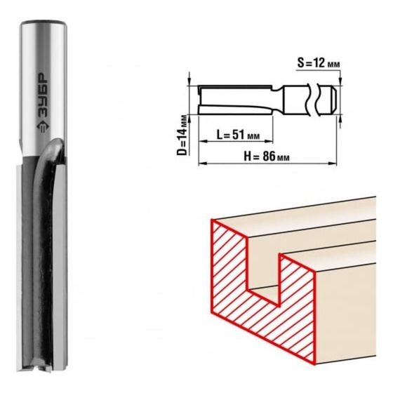 Фреза пазовая ЗУБР 28780-14-51-12, прямая, хвостовик d = 12 мм, 14 x 51 мм