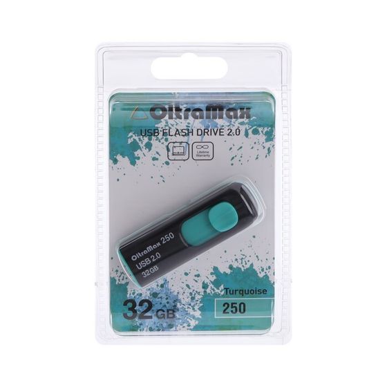 Флешка OltraMax 250, 32 Гб, USB2.0, чт до 15 Мб/с, зап до 8 Мб/с, бирюзовая