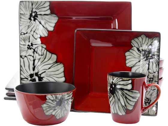 Elama Winter Bloom 16 Piece Square Stoneware Dinnerware Set