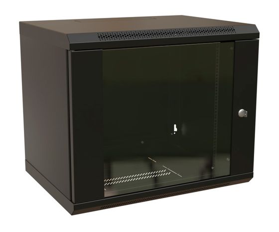 Шкаф коммутационный WRline (WR-TW-1245-GP-RAL9004) настенный 12U 600x450мм пер.дв.стекл 2 бок.пан. направл.под винты 60кг черный 350мм 650мм IP20 ста