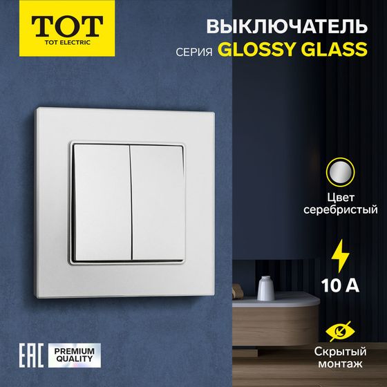 Выключатель TOT Glossy Glass, 10 А, 2 клавиши, скрытый, стекло, серебристый