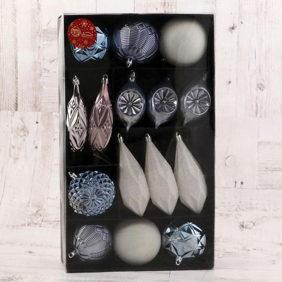 !09 Ёлочные игрушки «Вереница», новогодние, набор 16 шт. (8 шаров, 8 сосулек), сиренево - белый