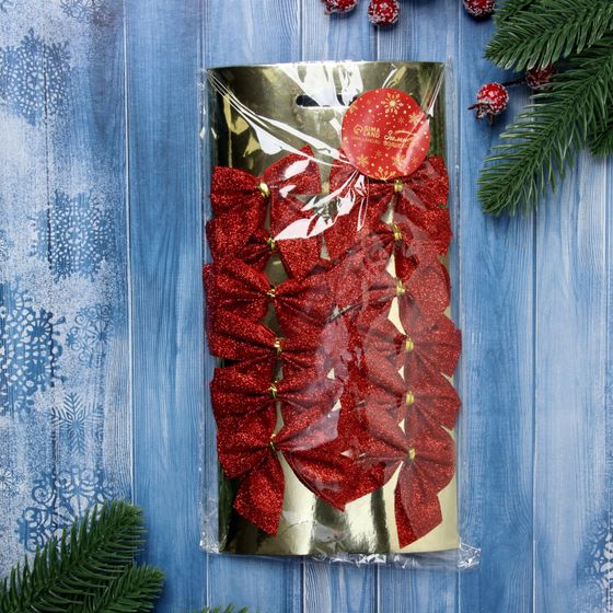 !09 Ёлочные игрушки (набор 12 шт.) «Зимнее волшебство. Бантик - блеск» пластик, 4.5×5.5 см, красный