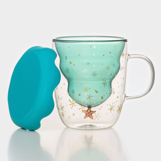 !09 Кружка стеклянная с двойными стенками и крышкой «Ёлочка», 250 мл