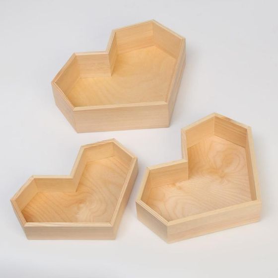 Набор 3 в 1 кашпо деревянных подарочных (29.5×7; 27.5×6; 25×4.5) &quot;Сердце&quot;, натуральный