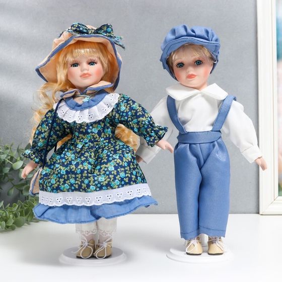 Кукла коллекционная парочка &quot;Аня и Толя, наряды розочки на синем&quot; набор 2 шт 30 см