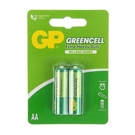 Батарейка солевая GP Greencell Extra Heavy Duty, AA, R6-2BL, 1.5В, блистер, 2 шт.