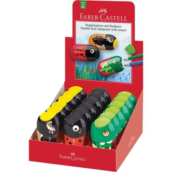 Точилка пластиковая с ластиком Faber-Castell Animals, 2 отверстия, контейнер, МИКС