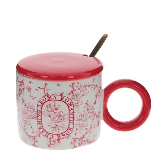 Кружка с крышкой и ложкой, 350 мл, L14 W9 H8 см,дизайн микс