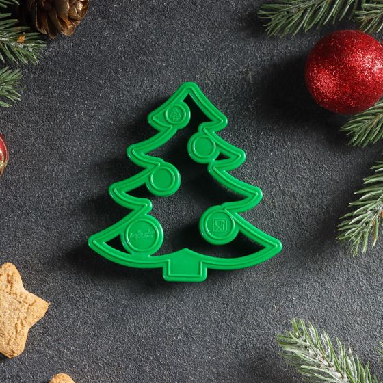 !09 Форма для печенья новогодняя «Ёлочка», вырубка, штамп, 8.5×8 см, пластик, зелёная