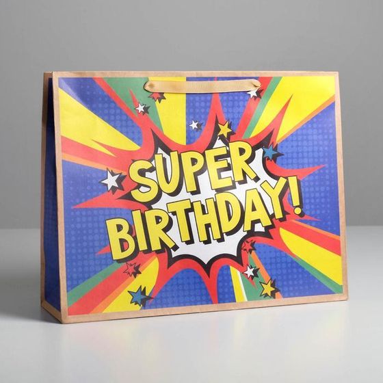 Пакет крафтовый горизонтальный Super birthday, L 40 × 31 × 11.5 см