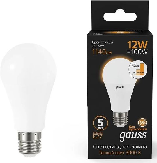 Лампочка светодиодная Gauss 102502112-S 12Вт цок.:E27 груша 150B 3000K св.свеч.бел.теп. грушевидная (упак.:1шт)