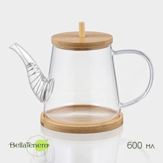 Заварочный чайник BellaTenero «Бамбук», 600 мл, 19×11,3×12,2 см, с бамбуковой крышкой, металлический фильтр, стекло