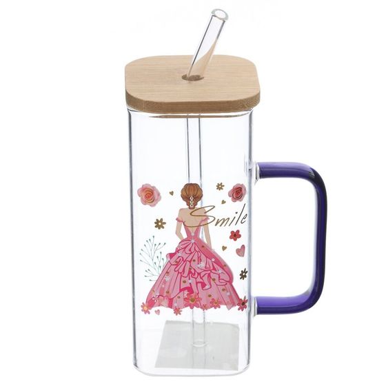 Кружка с крышкой и трубочкой, L5,8 W5,8 H13,5 см, 1 штука, дизайн микс