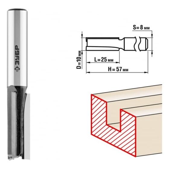 Фреза пазовая ЗУБР 28780-10-25, прямая, хвостовик d = 8 мм, 10 x 25 мм