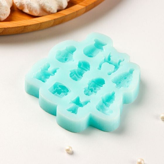 !09 Молд для заливки новогодний «Новогодний микс», силикон, 8×8 см, бирюзовый