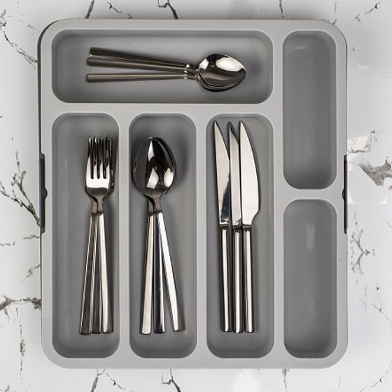 Лоток для столовых приборов раздвижной серый