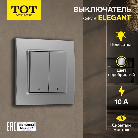 Выключатель TOT Elegant, 10 А, 2 кл., с подсветкой, скрытый, серебристый