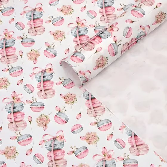 !09 Набор из 3-х листов упаковочной крафтовой бумаги размер 50 × 70 см: Бумага  "Макаруны"(2 листа)  + Бумага «Flowers» (1 лист)